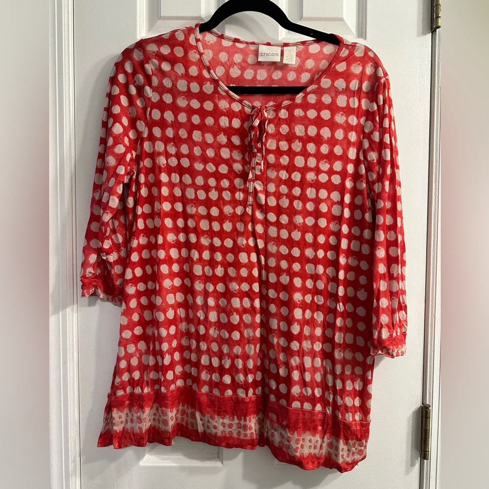 CHICO'S Sz 2 (LARGE) Polka Dot Print Sheer Tunic Top Pink Ivory Knit Nylon